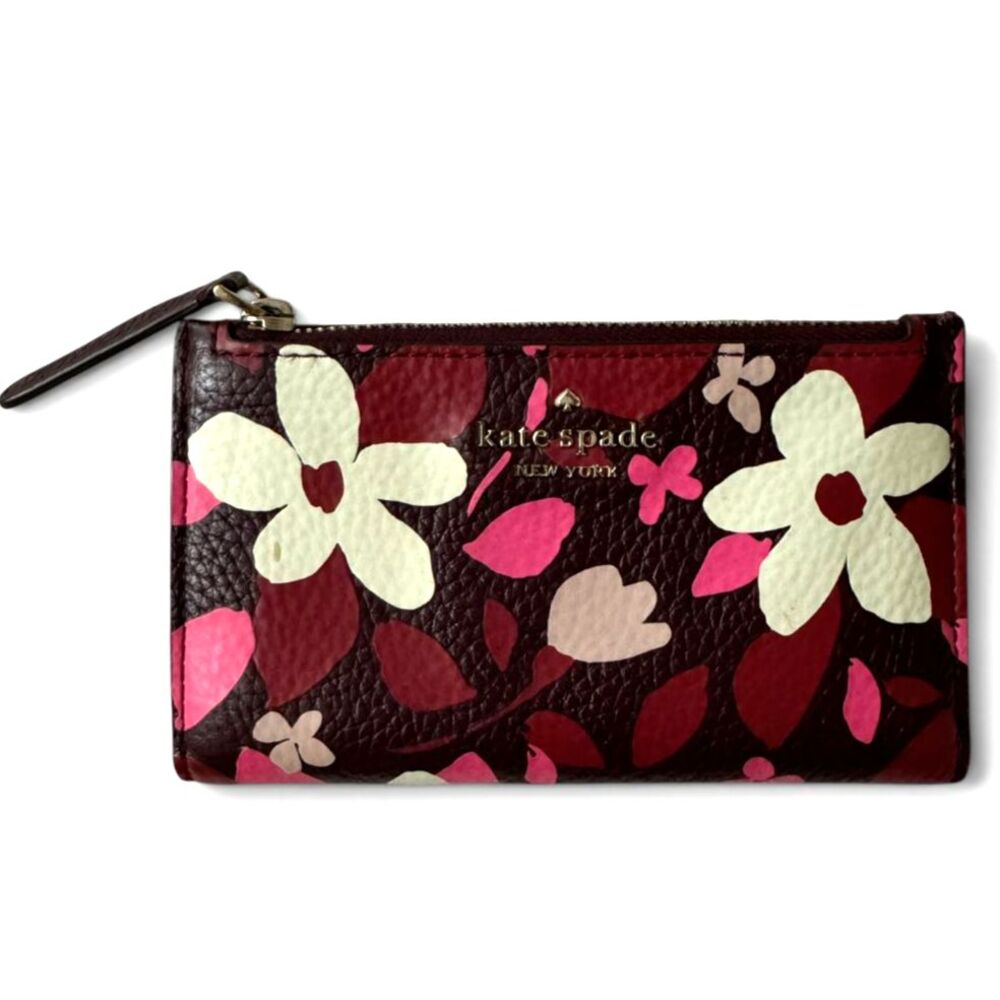 Kate Spade Jackson Forest Floral Small Bifold Wallet Burgundy Pink Cream
